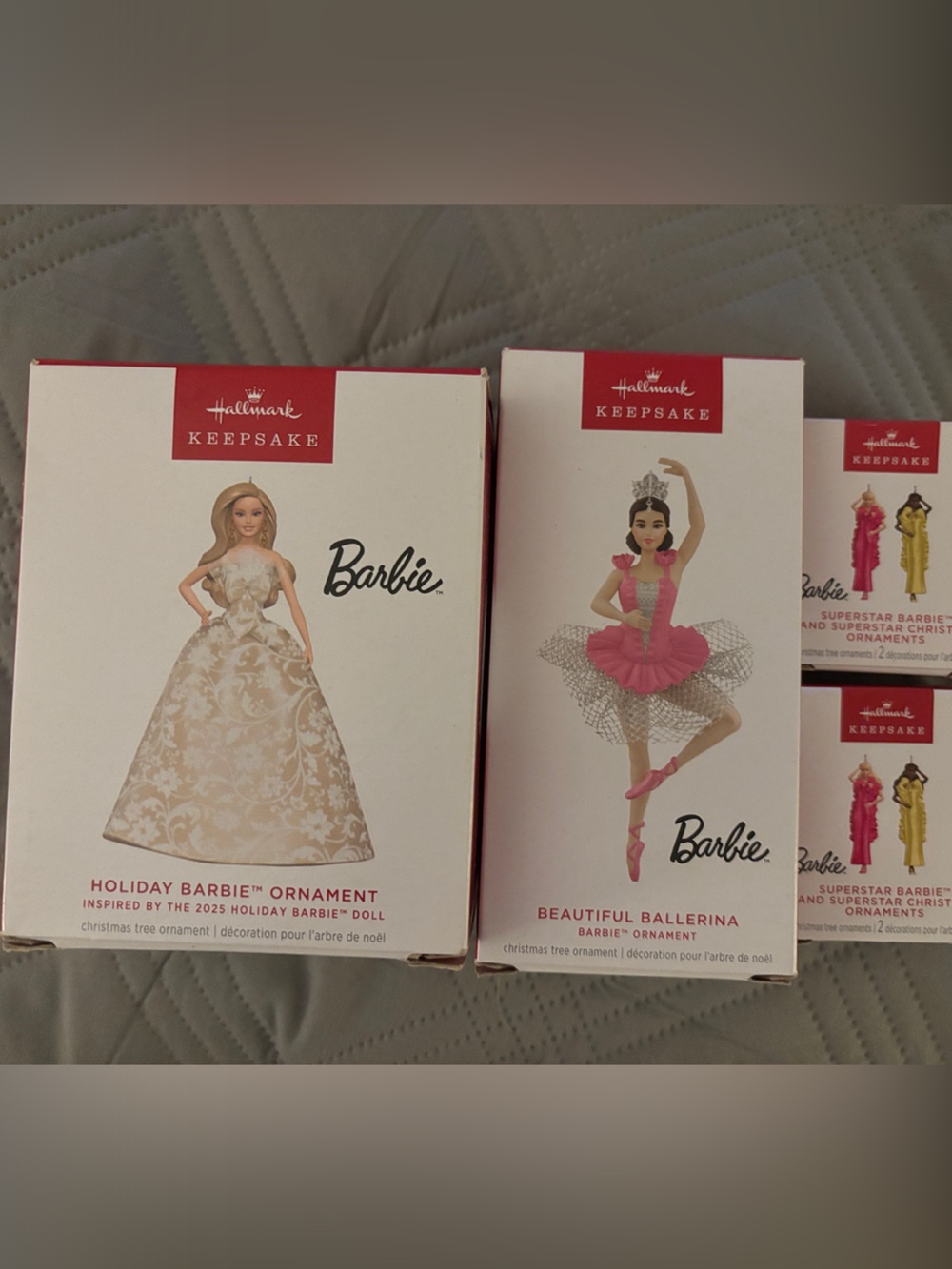 Hallmark Barbie Ornament Set - White & Pink 4 new boxes